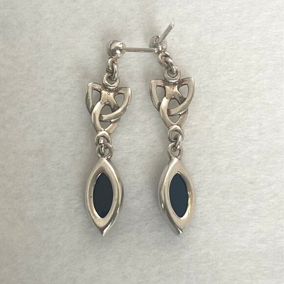 Sterling Silver 925 Celtic Knot Baltic Amber Cabochon Dangle Drop Earrings - Picture 13 of 16